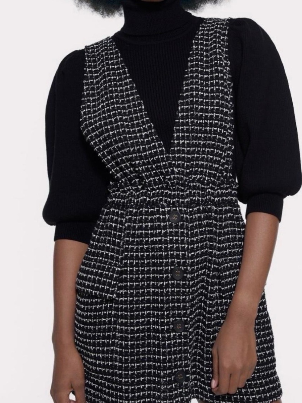 ZARA Tweed Mini Jumper Dress Deep V Neck
